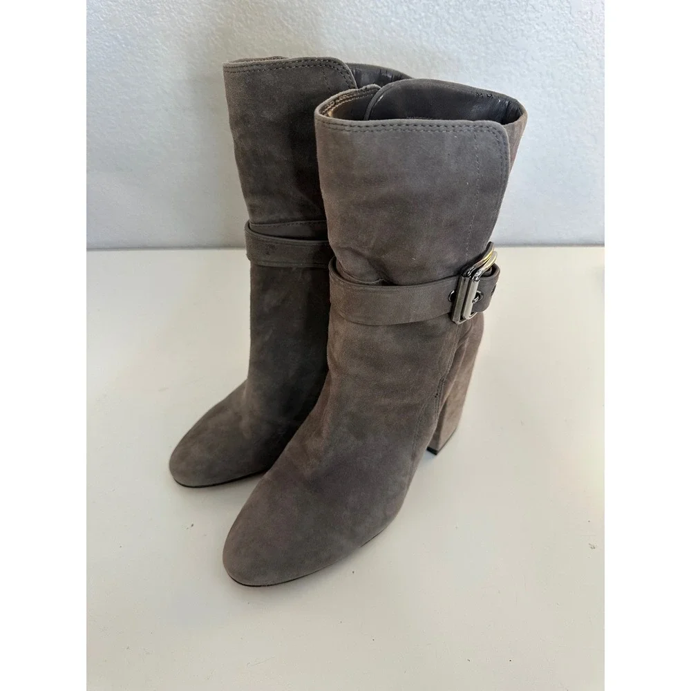 Vince Camuto Gray Suede Buckle Strap Slouchy Block Heel Ankle Boots Size 6M
